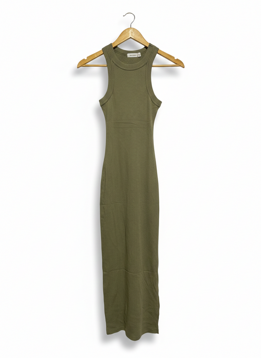 GLASSONS |XS| BUST 11| Khaki Green Ribbed Midi Dress