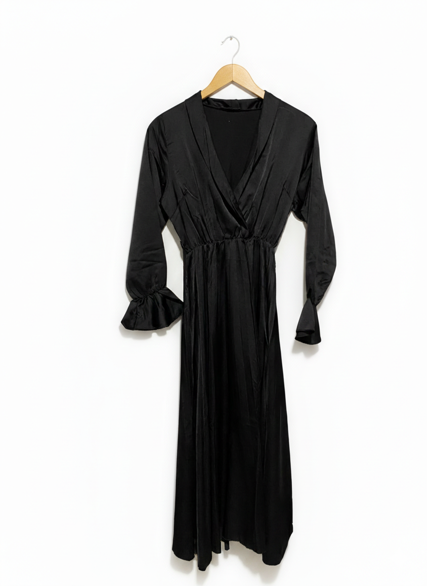 BOOHOO | M| BUST 17| ELEGANT BLACK SATIN WRAP-STYLE MIDI DRESS