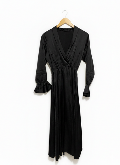 BOOHOO | M| BUST 17| ELEGANT BLACK SATIN WRAP-STYLE MIDI DRESS