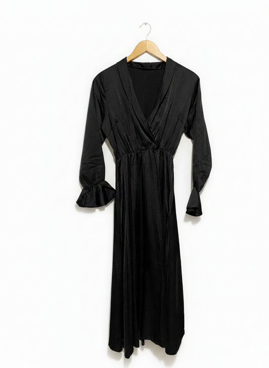 BOOHOO | M| BUST 17| ELEGANT BLACK SATIN WRAP-STYLE MIDI DRESS