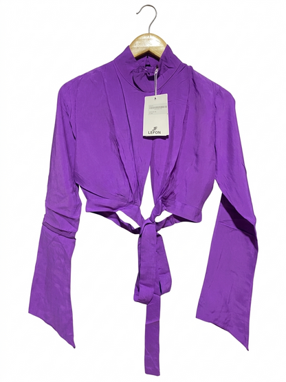 LEFON |M| BUST 19| B9| VIBRANT PURPLE HIGH-NECK TIE-FRONT CROP BLOUSE
