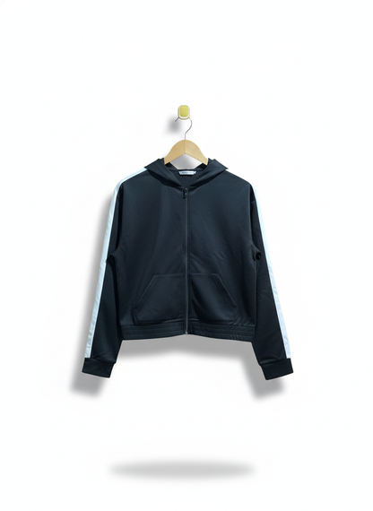 H&M MOVE|M|BUST 21| BLACK ZIP-UP HOODIE WITH WHITE SIDE STRIPES