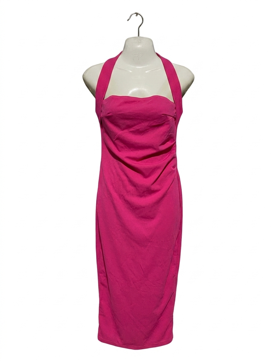 SHEIN | S| BUST 16| B11| HOT PINK HALTER NECK RUCHED BODYCON MIDI DRESS