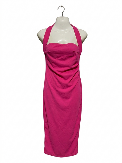 SHEIN | S| BUST 16| B11| HOT PINK HALTER NECK RUCHED BODYCON MIDI DRESS
