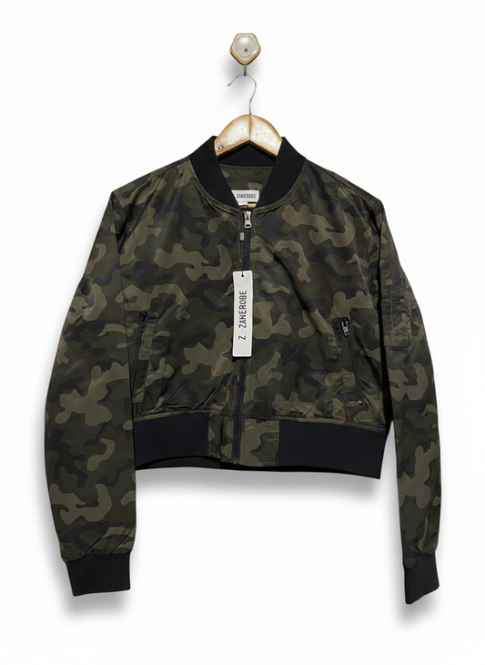 ZX ZANEROBE |S/M| BUST 21| CROPPED CAMO BOMBER JACKET – PREMIUM UTILITY ZIP-UP WITH RIBBED TRIM