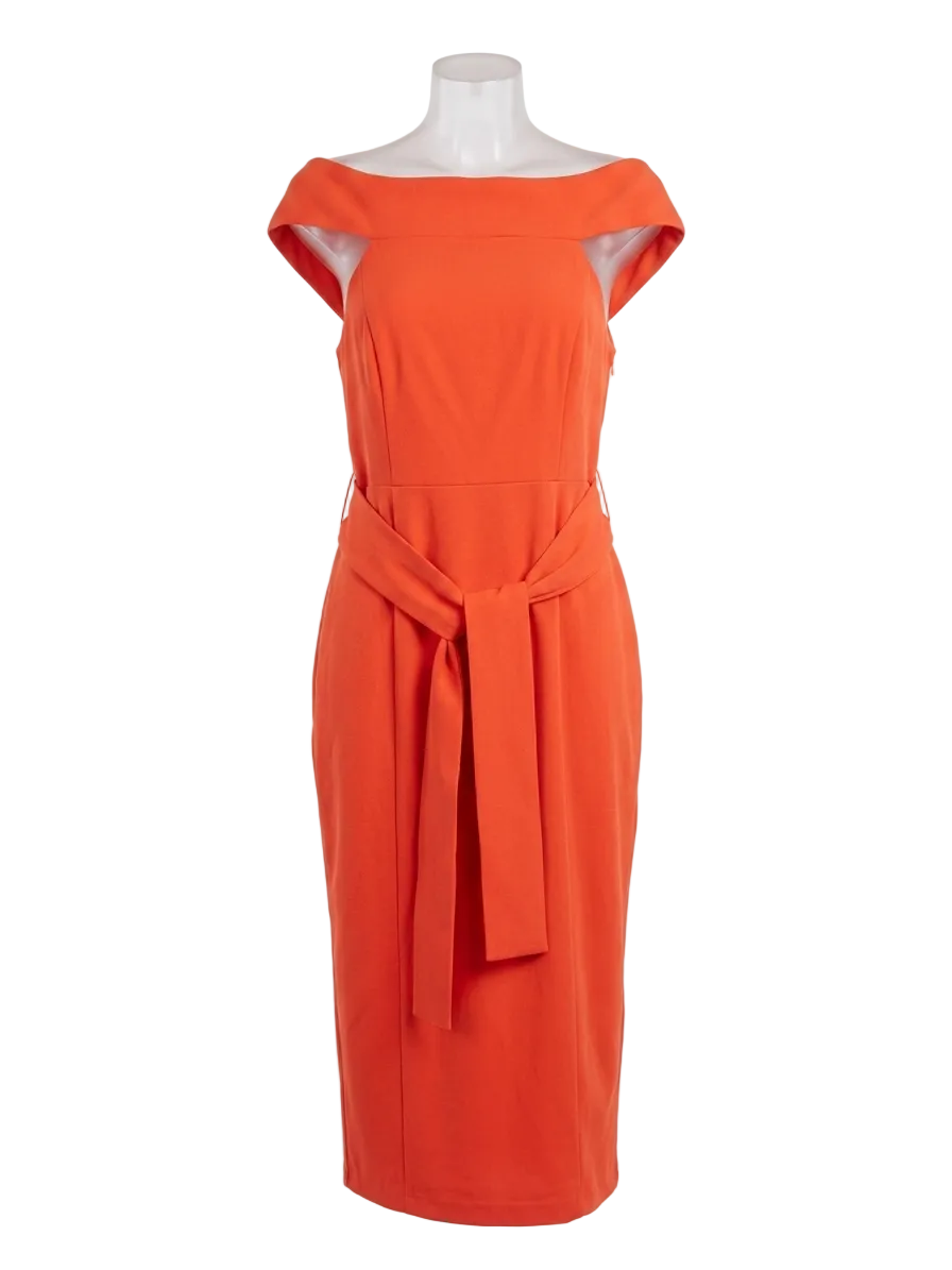 ATMOS & HERE |L| BUST 19| B23|  VIBRANT ORANGE OFF-THE-SHOULDER BELTED MIDI COCKTAIL DRESS