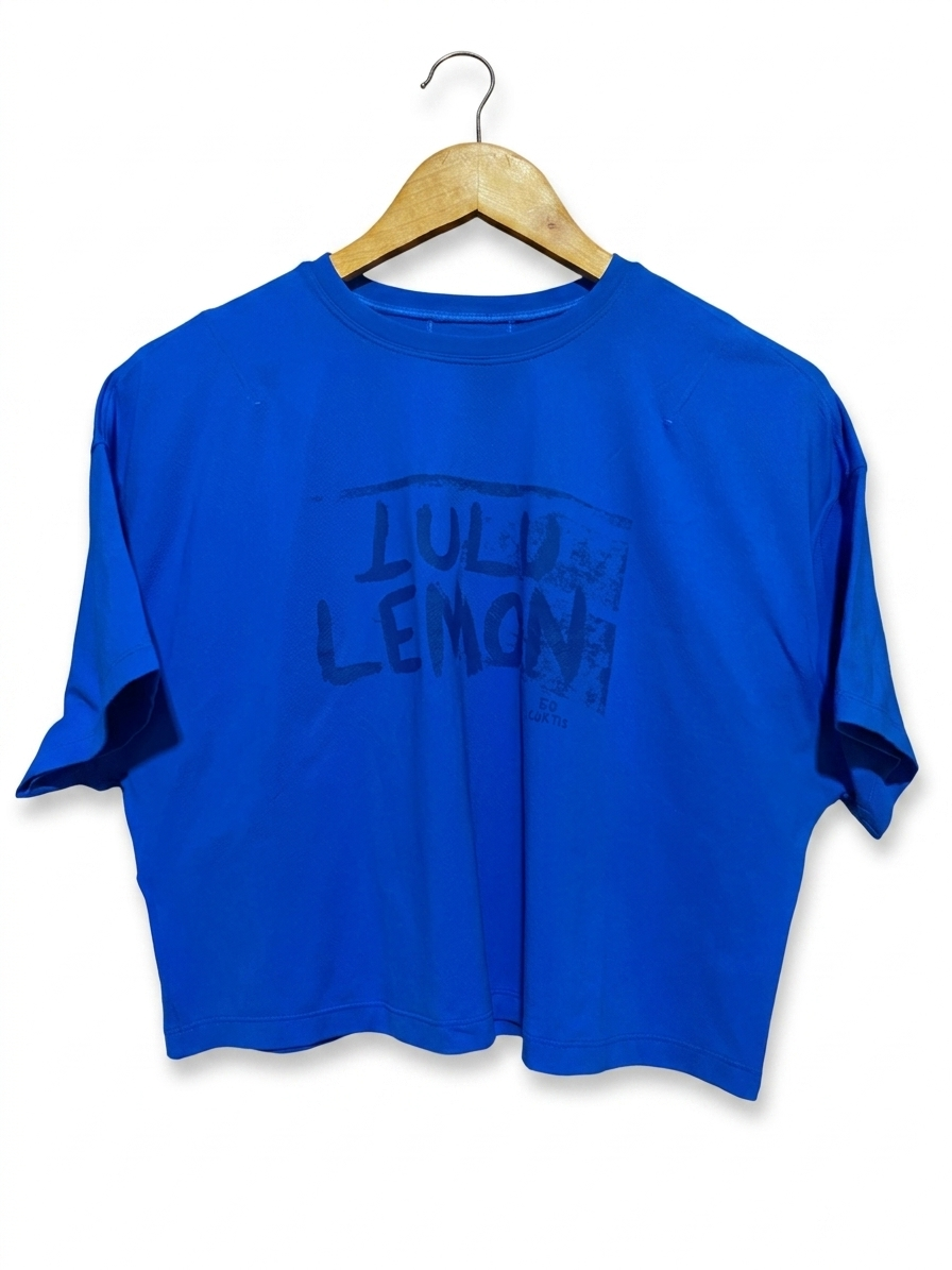 LULULEMON |L| BUST 21| ED CURTIS GRAPHIC CROPPED T-SHIRT IN COBALT BLUE