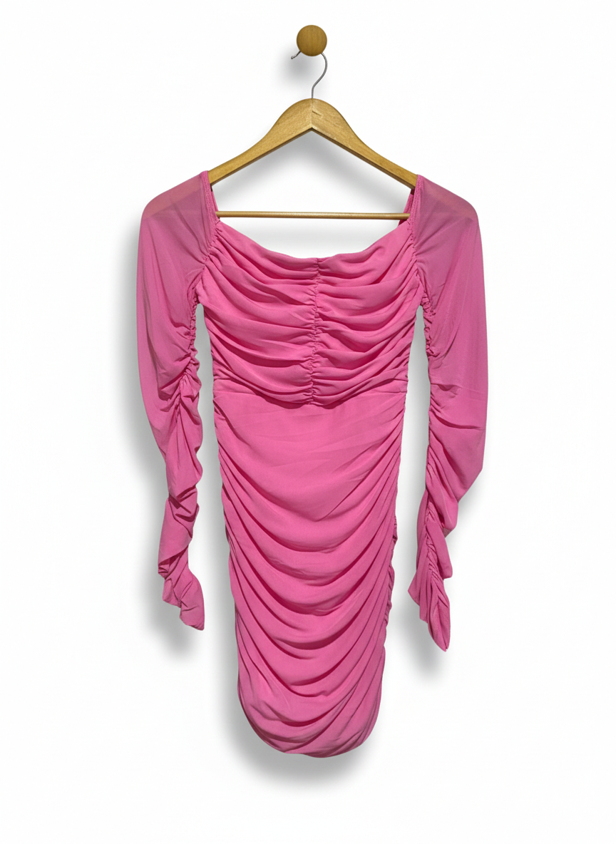 HELLO MOLLY |S| BUST 13| C3| STUNNING CANDY PINK RUCHED BODYCON MINI DRESS