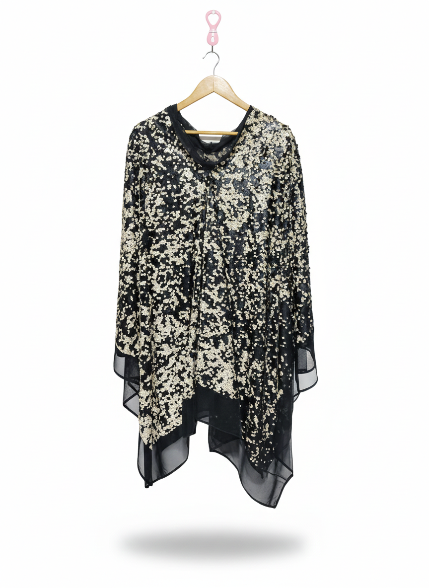 BLACK AND GOLD SEQUIN ASYMMETRICAL KAFTAN TOP|FREE SIZE