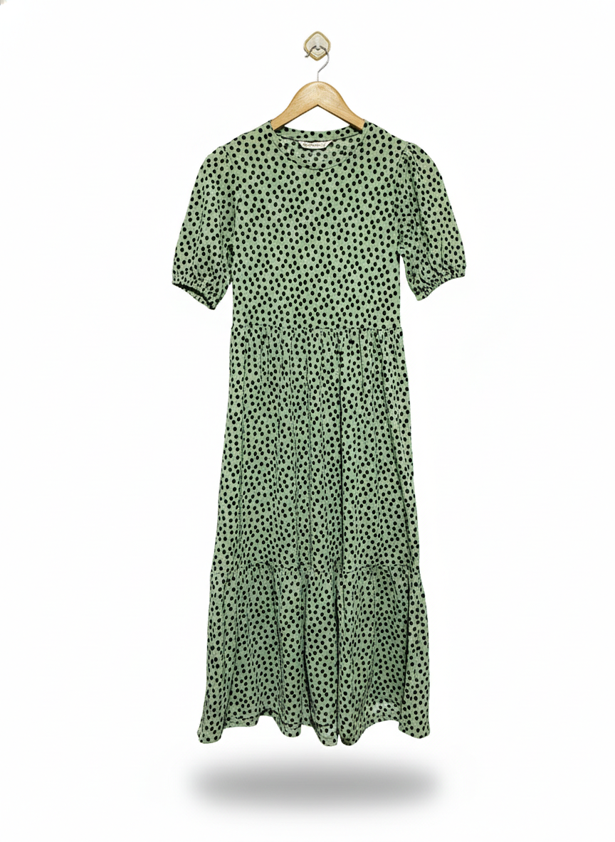 STRADIVARIUS |S| BUST 16| C3| SAGE GREEN POLKA DOT TIERED MIDI DRESS