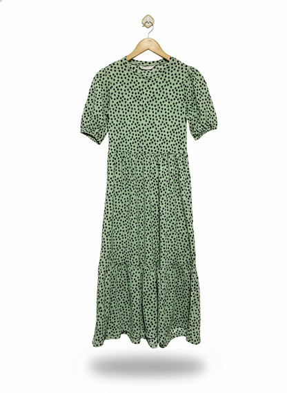 STRADIVARIUS |S| BUST 16| C3| SAGE GREEN POLKA DOT TIERED MIDI DRESS