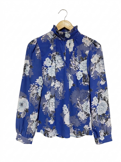 FORCAST |M| BUST 19| B6| ROYAL BLUE FLORAL RUFFLE HIGH NECK BLOUSE