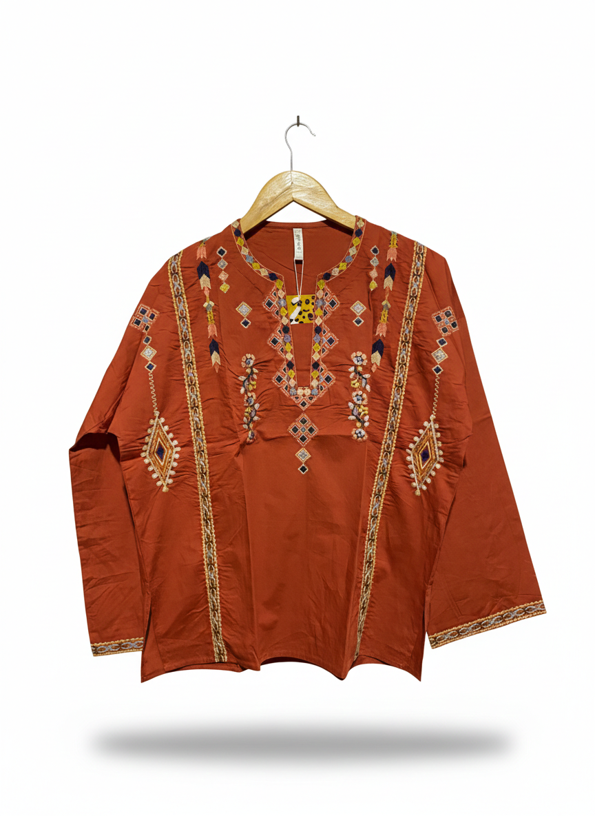 ETHNIC |S| |BUST 23| BOHEMIAN RUST EMBROIDERED KURTA