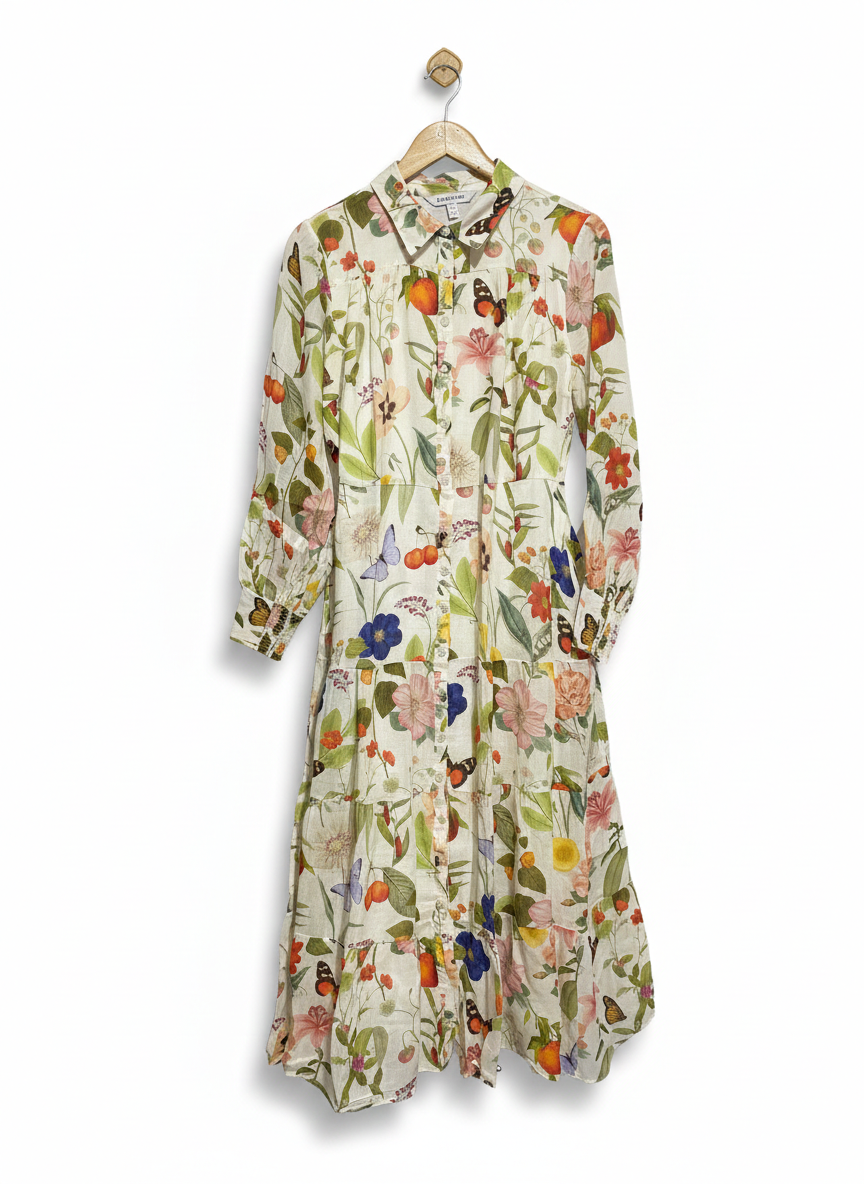 FOREVER NEW |M| BUST 19| VIBRANT BOTANICAL PRINT BUTTON-DOWN TIERED MAXI DRESS