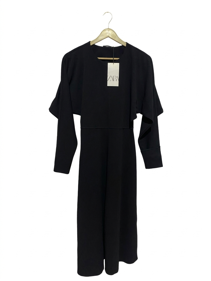 ZARA |M| BUST FREE| B10| BLACK CUT-OUT MIDI DRESS WITH DRAPED SLEEVES