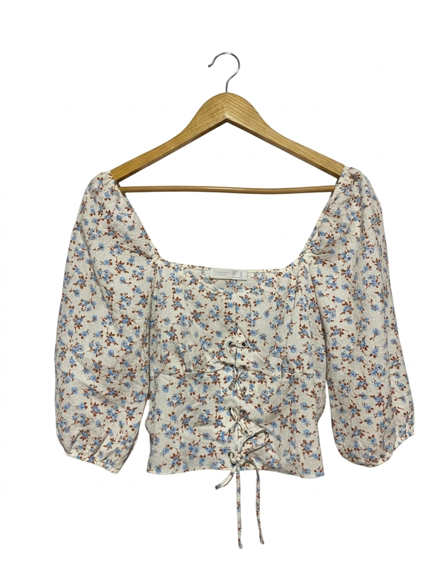 PERIMARK CARES |M| BUST 18 | B9| ROMANTIC FLORAL LACE-UP PUFF SLEEVE CROP TOP