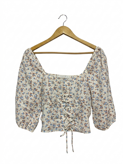 PERIMARK CARES |M| BUST 18 | B9| ROMANTIC FLORAL LACE-UP PUFF SLEEVE CROP TOP