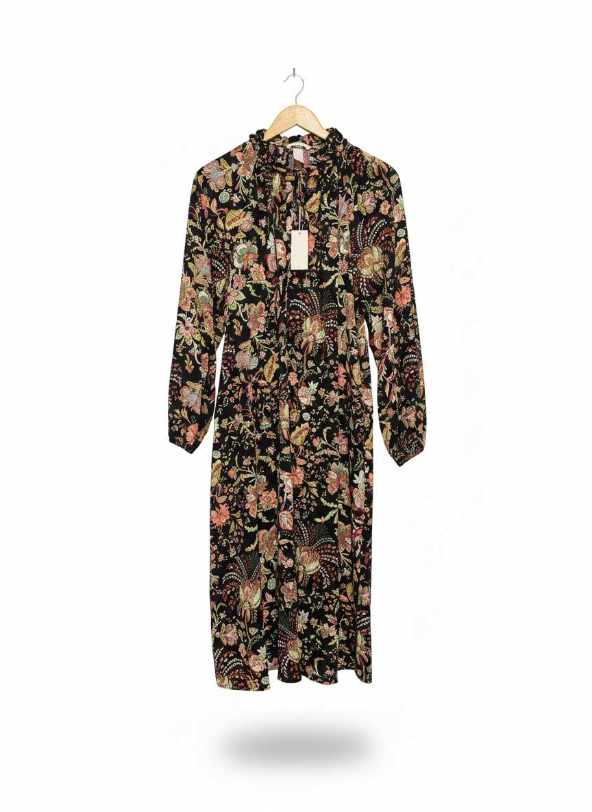 H&M |L| BUST FREE | BOHEMIAN FLORAL RUFFLE-NECK MIDI DRESS