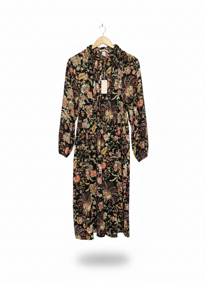 H&M |L| BUST FREE | BOHEMIAN FLORAL RUFFLE-NECK MIDI DRESS