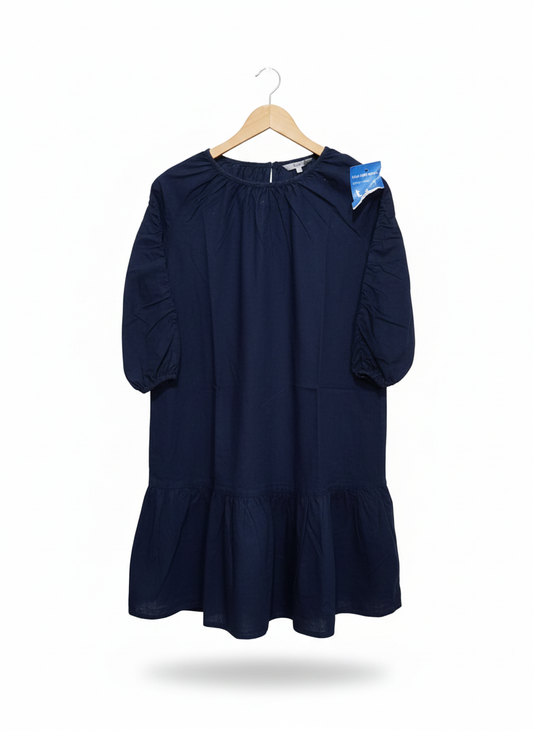 NEXT|S/M|BUST 21.5| NAVY BLUE COTTON RUFFLE-HEM SHIFT DRESS