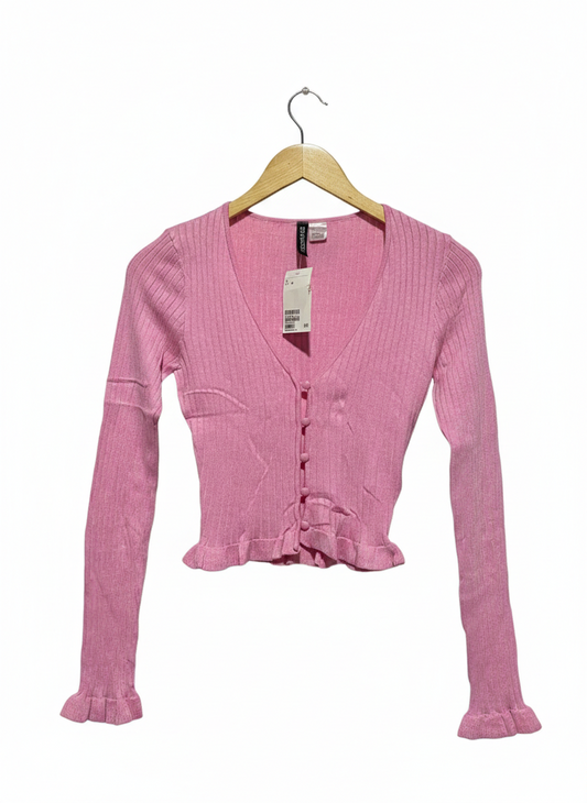 H&M DIVIDED |XS| BUST 13| PINK RUFFLED HEM CARDIGAN