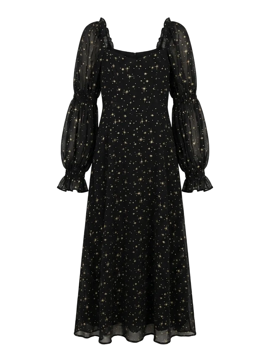 |M|BUST 18| B14| CELESTIAL STAR PRINT SHEER SLEEVE MIDI DRESS