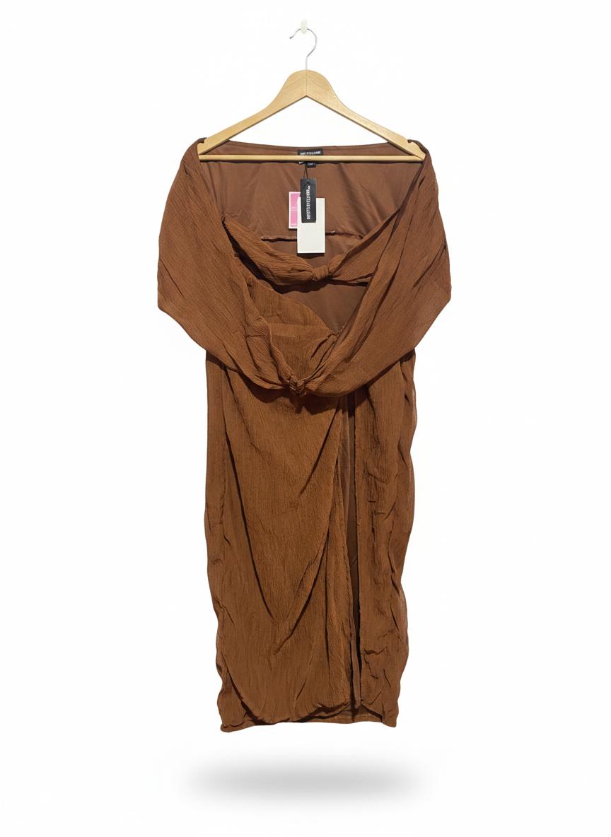 PRETTYLITTLETHING |L| BUST 17| C5| WOMEN'S TWISTED DRAPE MIDI DRESS IN COCOA