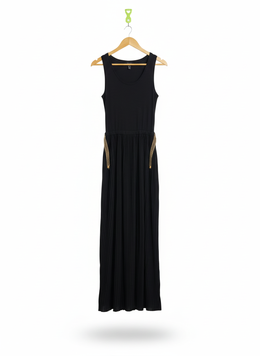 MANGO|XS|BUST 13|BLACK SLEEVELESS PLEATED MAXI DRESS WITH GOLD CHAIN POCKET ACCENTS