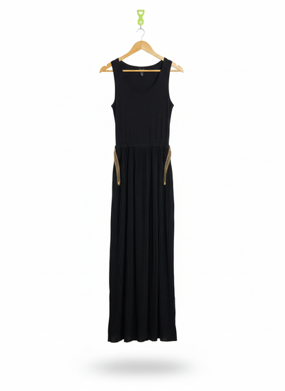 MANGO|XS|BUST 13|BLACK SLEEVELESS PLEATED MAXI DRESS WITH GOLD CHAIN POCKET ACCENTS