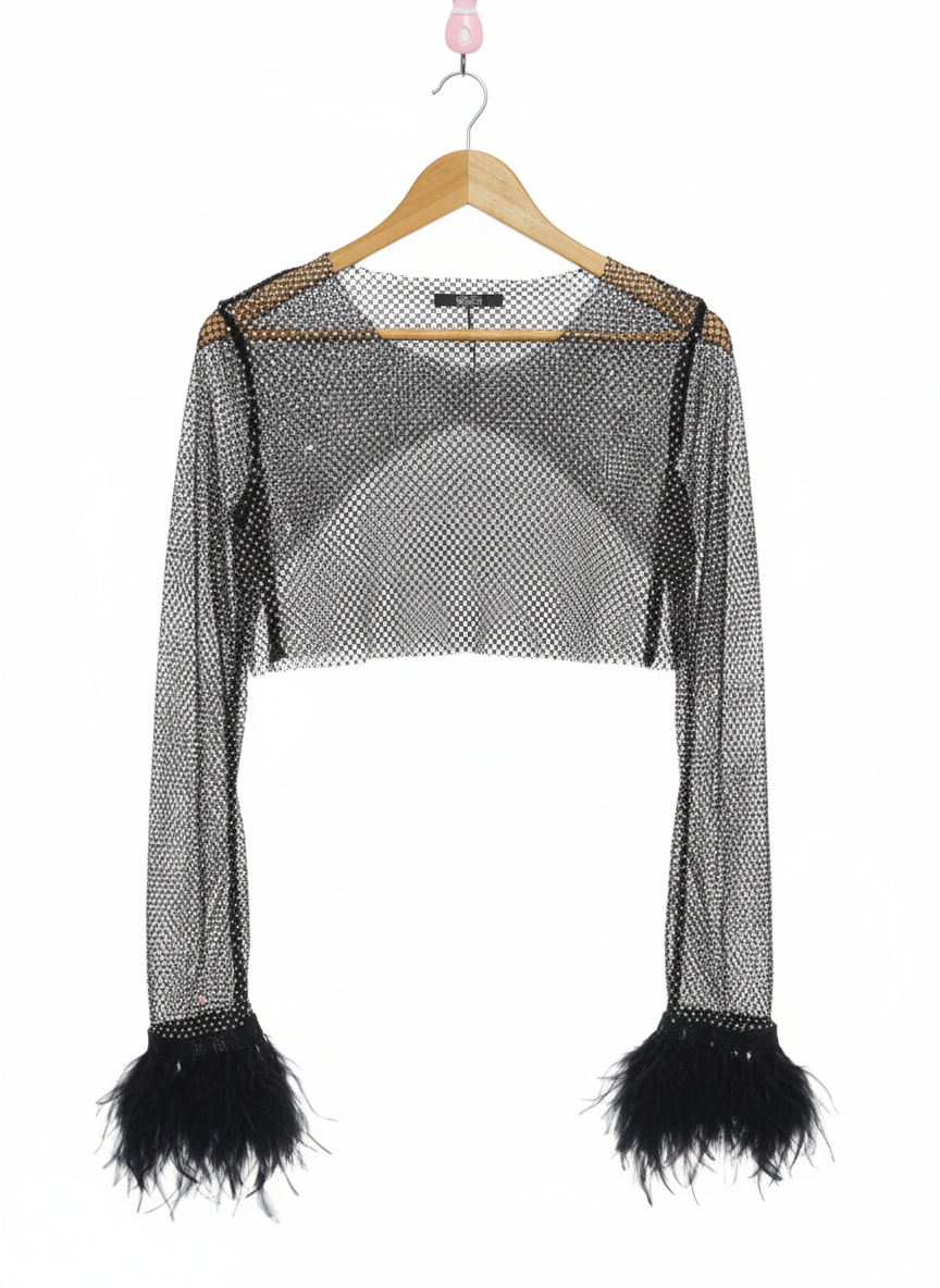 SHEIN|L|BUST 18|BLACK MESH RHINESTONE CROPPED TOP WITH FEATHER CUFFS