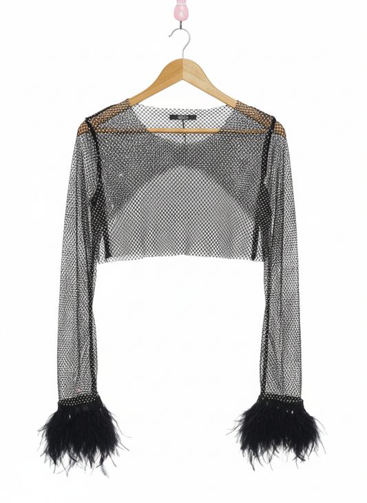 SHEIN|L|BUST 18|BLACK MESH RHINESTONE CROPPED TOP WITH FEATHER CUFFS