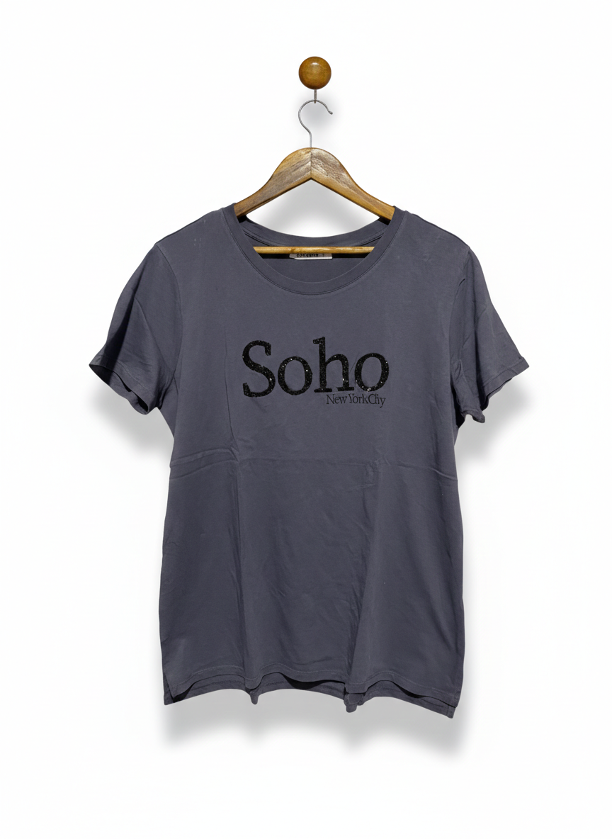 SOHO |S| BUST 21| C1|  VINTAGE CHARCOAL GREY SHORT SLEEVE COTTON SHIRT WITH GLITTER TEXT LOGO