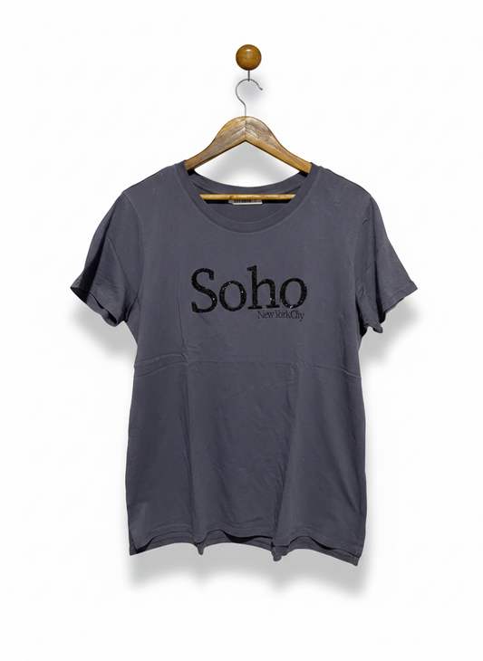 SOHO |S| BUST 21| C1|  VINTAGE CHARCOAL GREY SHORT SLEEVE COTTON SHIRT WITH GLITTER TEXT LOGO