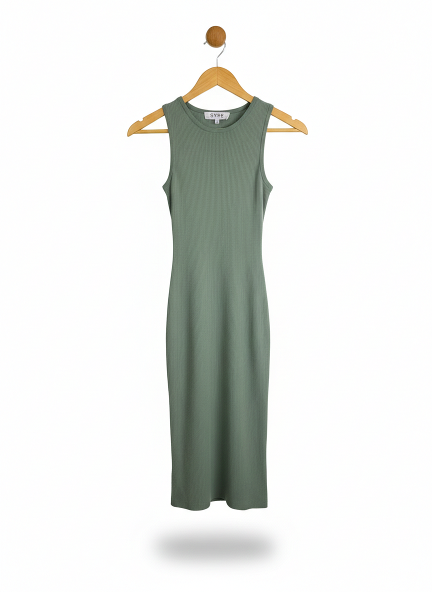 SYKE COLLECTION |M| BUST 9|  Sleeveless, fitted (bodycon) midi dress with a round crew neckline.