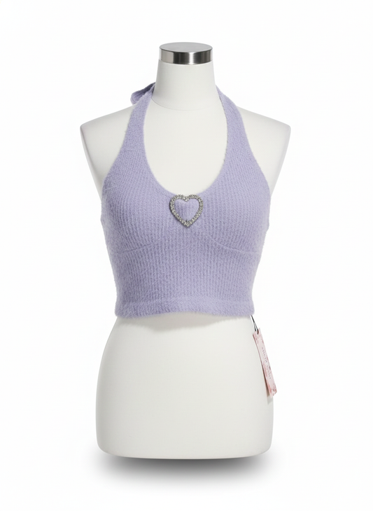SHEIN|L|BUST 15|Halter neck knitted Purple Top with Strass