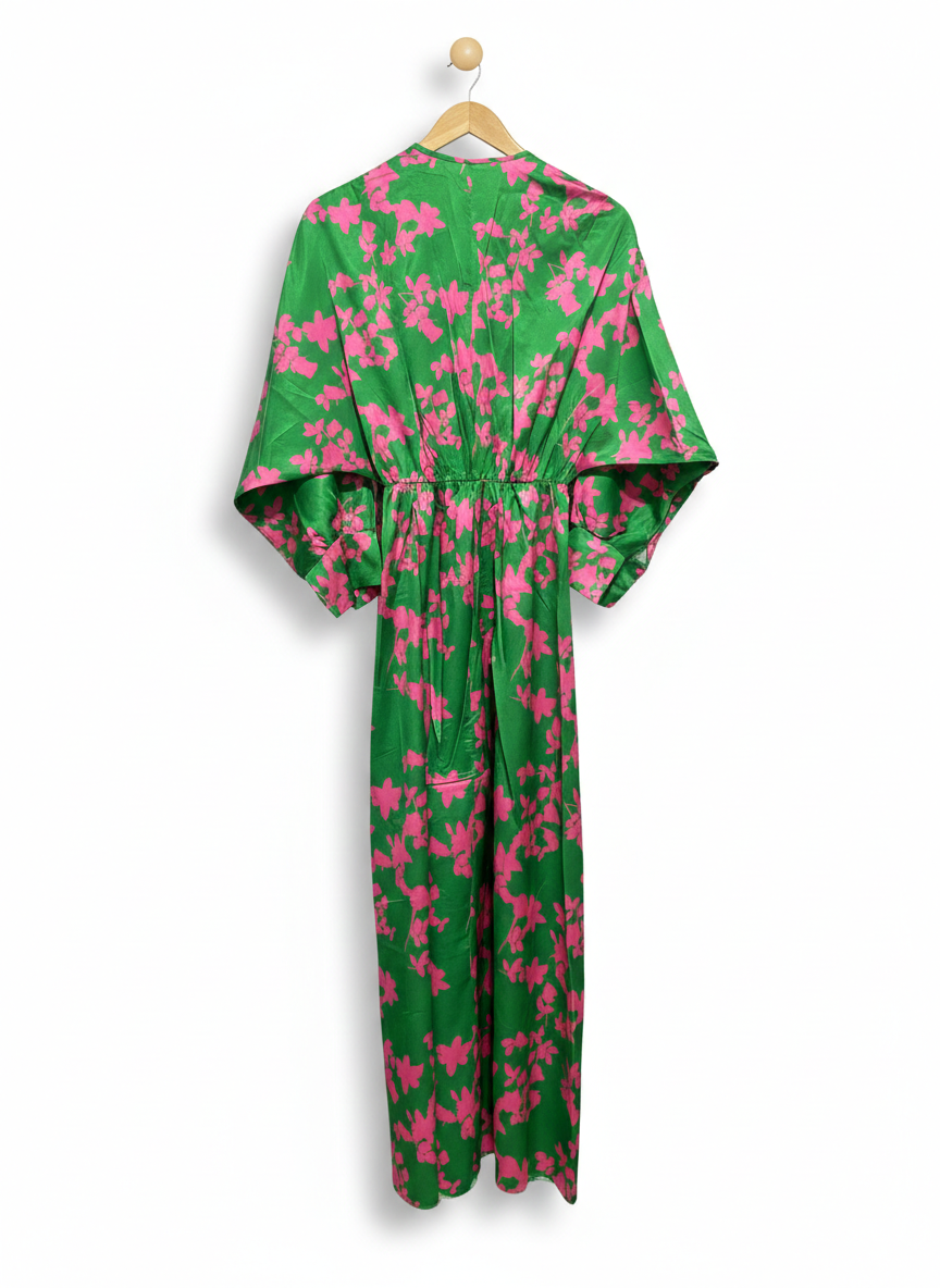 |M/L| BUST FREE |B10| VIBRANT GREEN AND PINK FLORAL MAXI DRESS