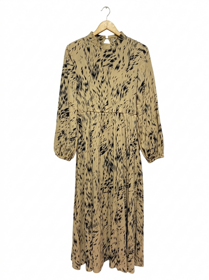 | M| BUST 19 | B9| ELEGANT TAN AND BLACK ABSTRACT PRINT LONG SLEEVE MAXI DRESS