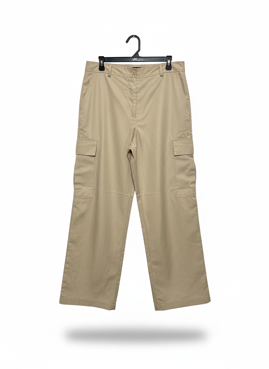 EBBY ANDI |XL| WAIST 34| BEIGE COTTON RELAXED-FIT CARGO TROUSERS