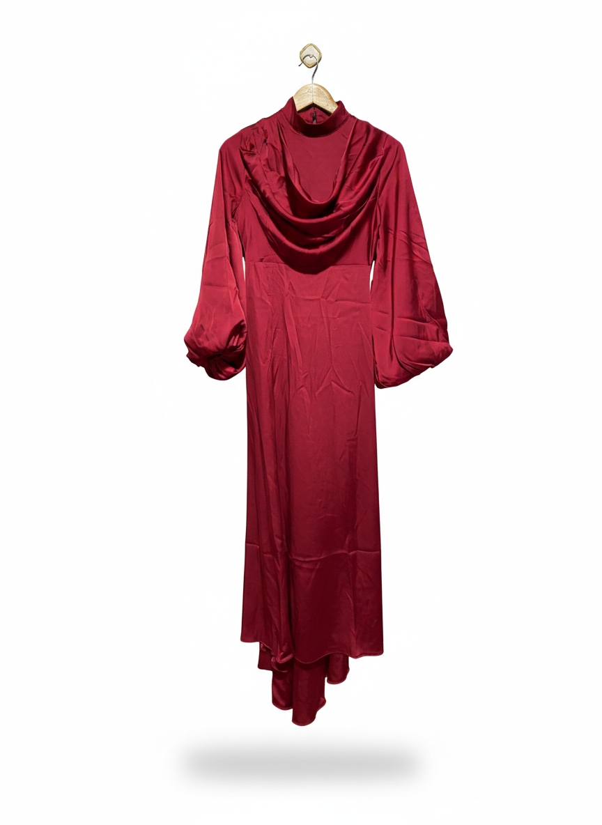 AHEL TASARIM |M| BUST 16| C6| CRIMSON RED SATIN MAXI GOWN