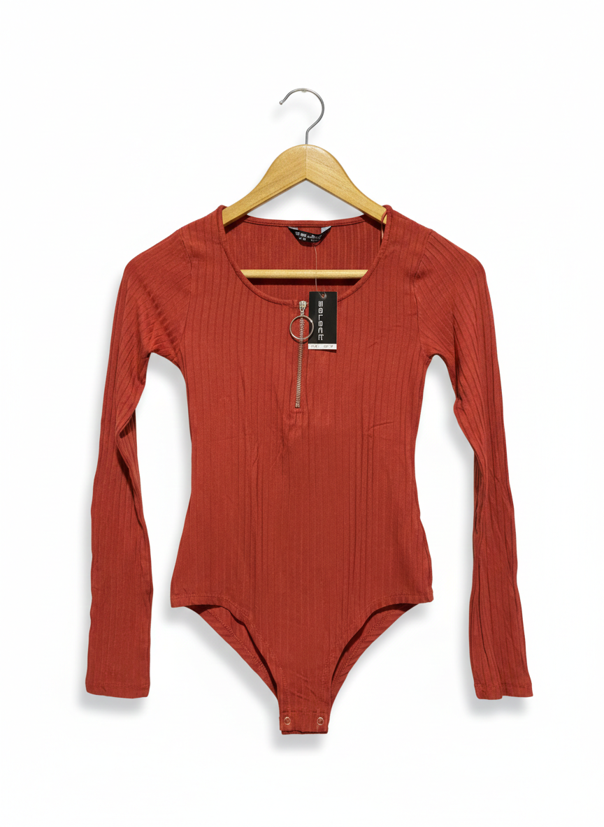 SELECT |S| BUST 12| TERRACOTTA RIBBED LONG SLEEVE ZIP-FRONT BODYSUIT