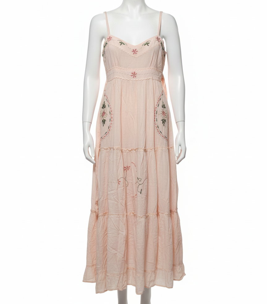 APRICOT Sleeveless Tiered Maxi Dress With Floral Embroidery