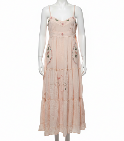 APRICOT Sleeveless Tiered Maxi Dress With Floral Embroidery