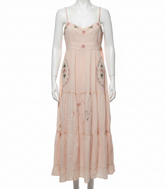 APRICOT Sleeveless Tiered Maxi Dress With Floral Embroidery