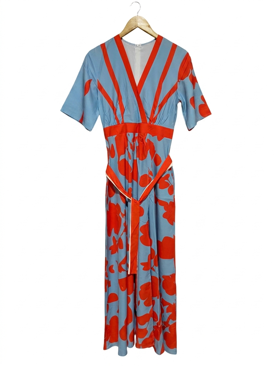 |S| BUST 16| B26| V-NECK ORANGE FLORAL PRINT MAXI DRESS WITH BELT