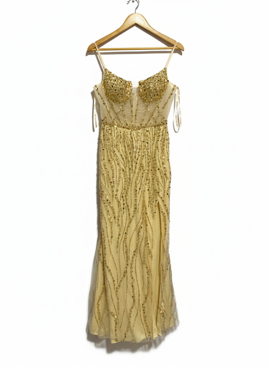 CHAMPAGNE GOLD BEADED MERMAID FORMAL GOWN| S | BUST 16