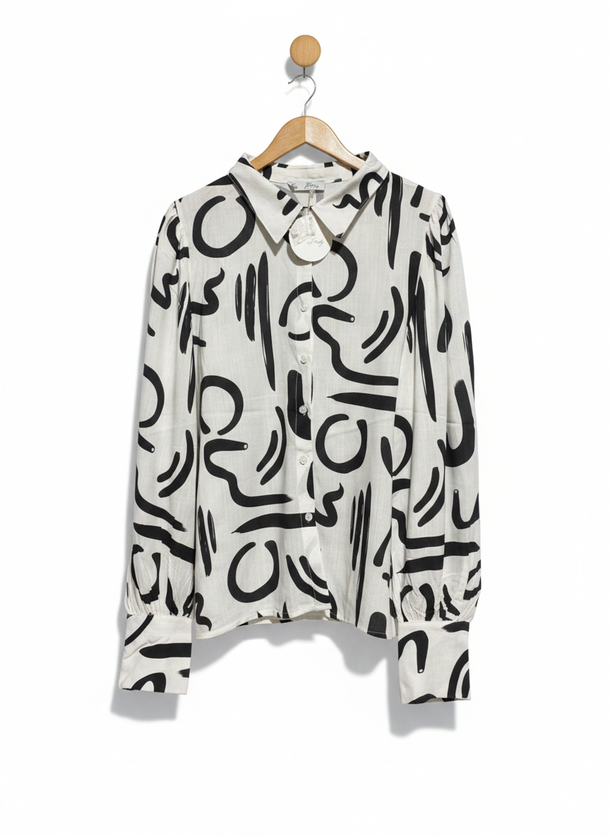YOURS INDY |L| BUST 23| WOMEN’S ARTISTIC ABSTRACT PRINT BLOUSE - MODERN BLACK AND WHITE GRAPHIC PATTERN