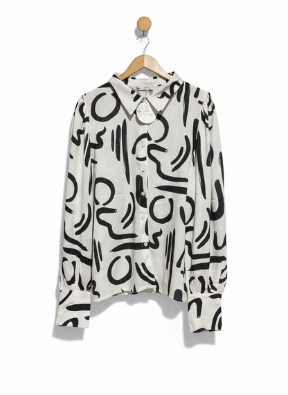 YOURS INDY |L| BUST 23| WOMEN’S ARTISTIC ABSTRACT PRINT BLOUSE - MODERN BLACK AND WHITE GRAPHIC PATTERN