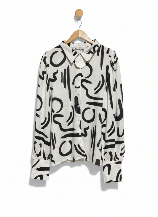 YOURS INDY |L| BUST 23|C9| WOMEN’S ARTISTIC ABSTRACT PRINT BLOUSE - MODERN BLACK AND WHITE GRAPHIC PATTERN