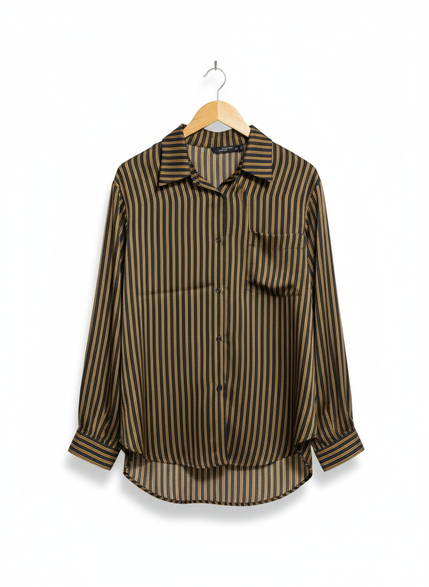 ZARA WOMAN |XS| BUST 21| WOMEN’S BLACK AND TAN VERTICAL STRIPED BUTTON-DOWN SHIRT