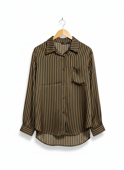 ZARA WOMAN |XS| BUST 21| WOMEN’S BLACK AND TAN VERTICAL STRIPED BUTTON-DOWN SHIRT